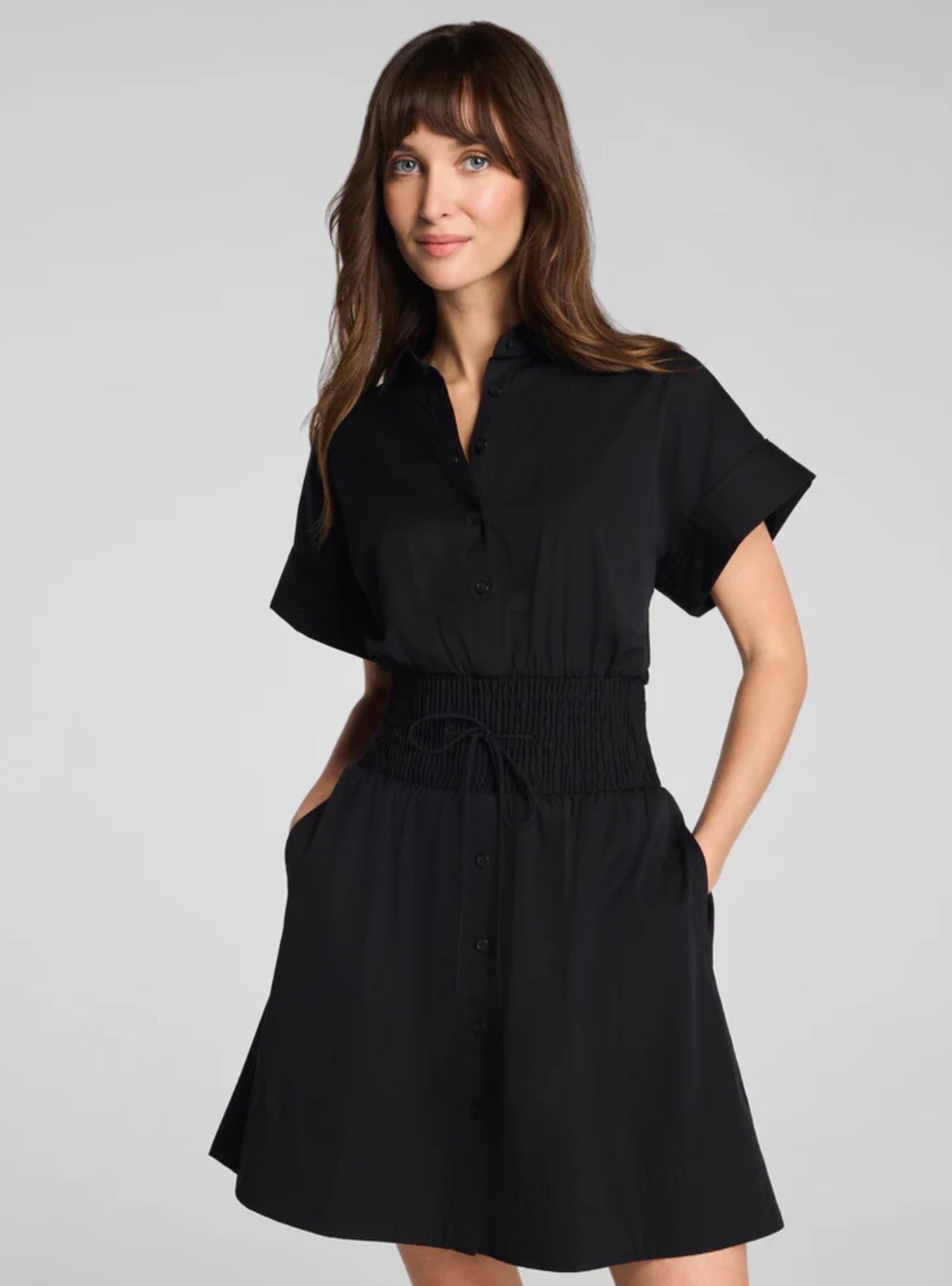 Poplin Smocked Dress-Black