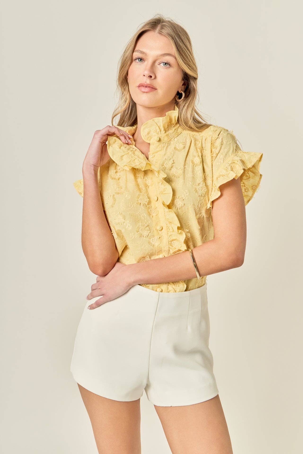Embroidered Ruffle Short Sleeve Shirt